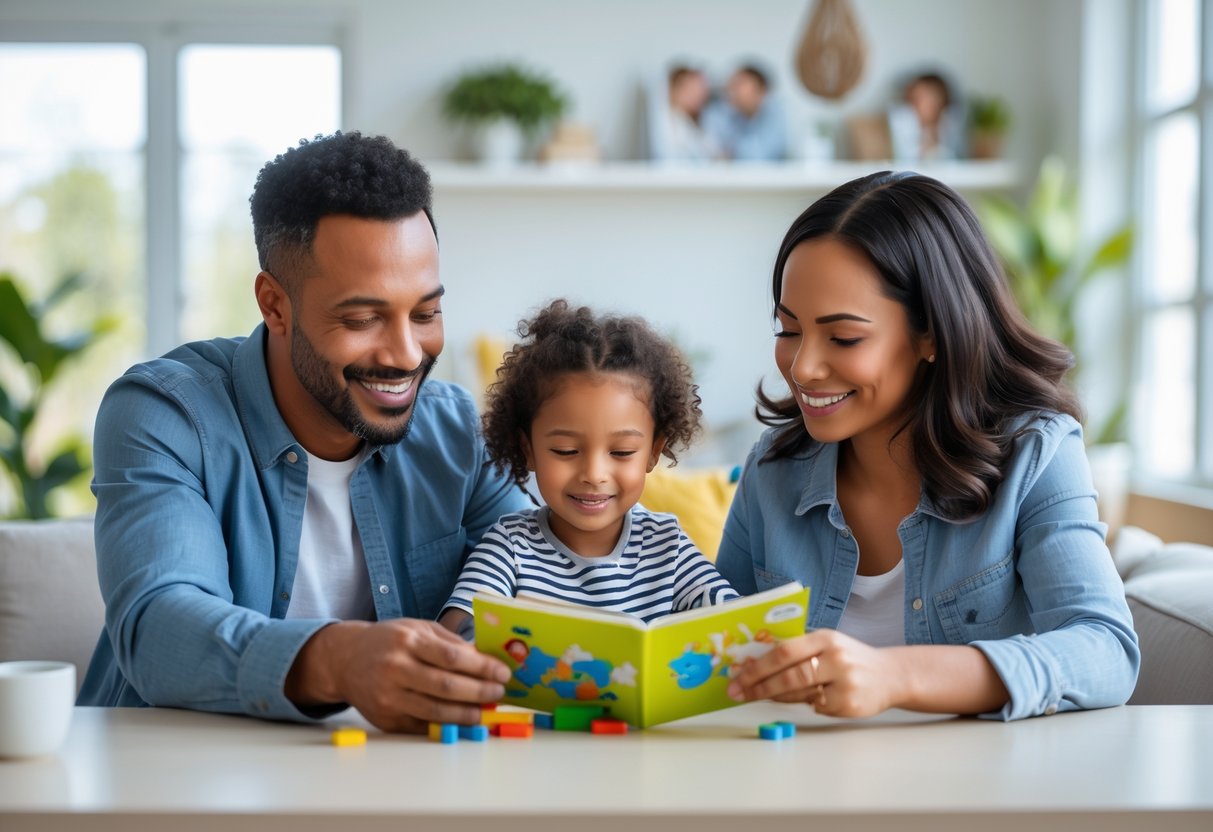 Two adults and a child happily spending time together in a bright living room, showing cooperative family interaction.