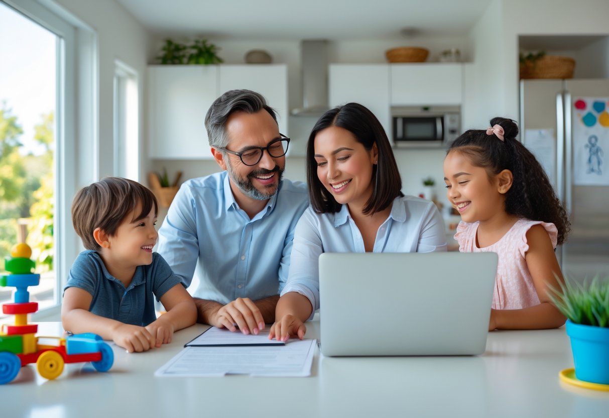 Two adults sitting at a kitchen table discussing papers while two children play nearby on the floor.