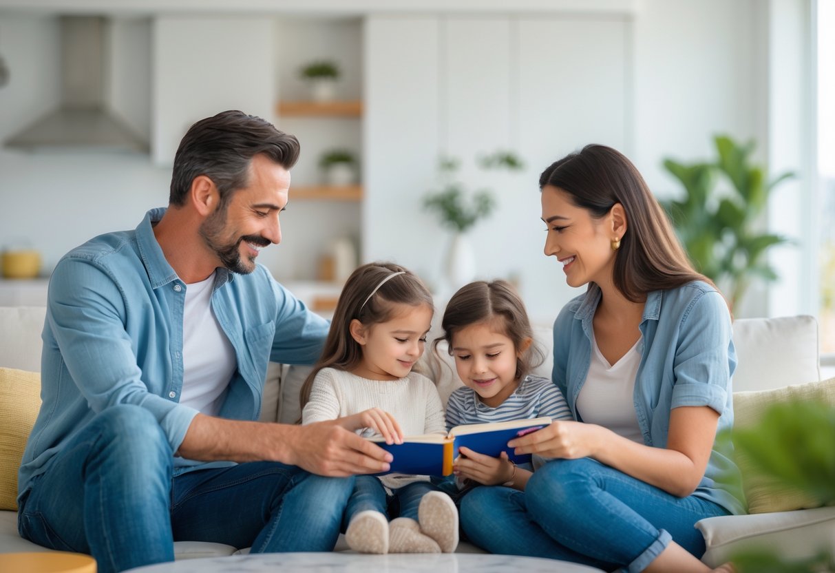 Two adults and two children spending time together in a bright living room, interacting calmly and cooperatively.