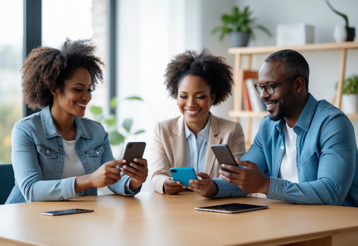 Two parents sitting at a table using smartphones and tablets, smiling and working together in a bright room.