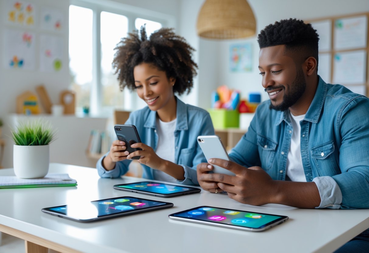 Two parents sitting at a table using smartphones together in a bright home with children's items in the background.