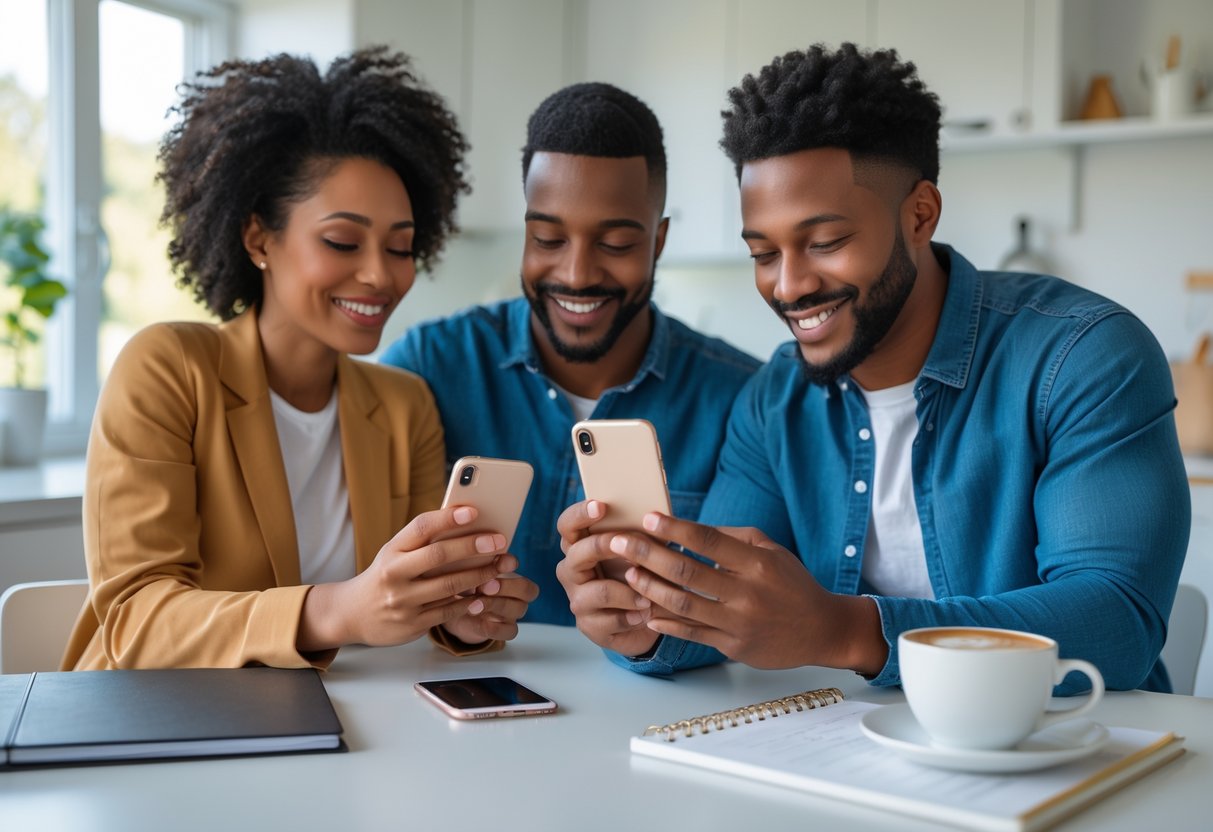 A mother and father sitting together at a kitchen table, smiling and looking at a smartphone, symbolizing peaceful co-parenting and cooperation.
