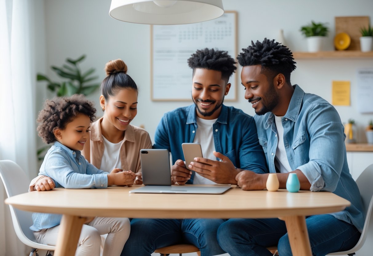 Two parents calmly using a smartphone and tablet at a dining table while their child plays nearby in a bright home.