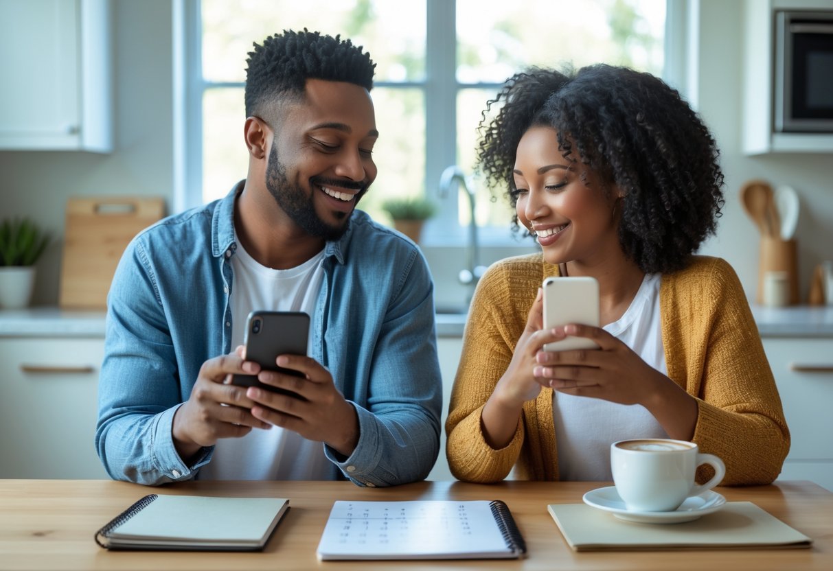 Two parents sitting at a kitchen table, each holding a smartphone and smiling while communicating, with a calendar and notebook on the table.