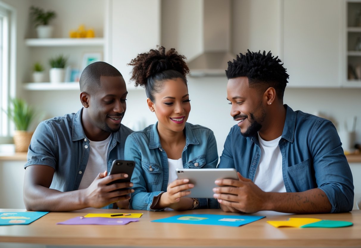 Two co-parents sitting at a kitchen table, talking and using a smartphone and tablet together.
