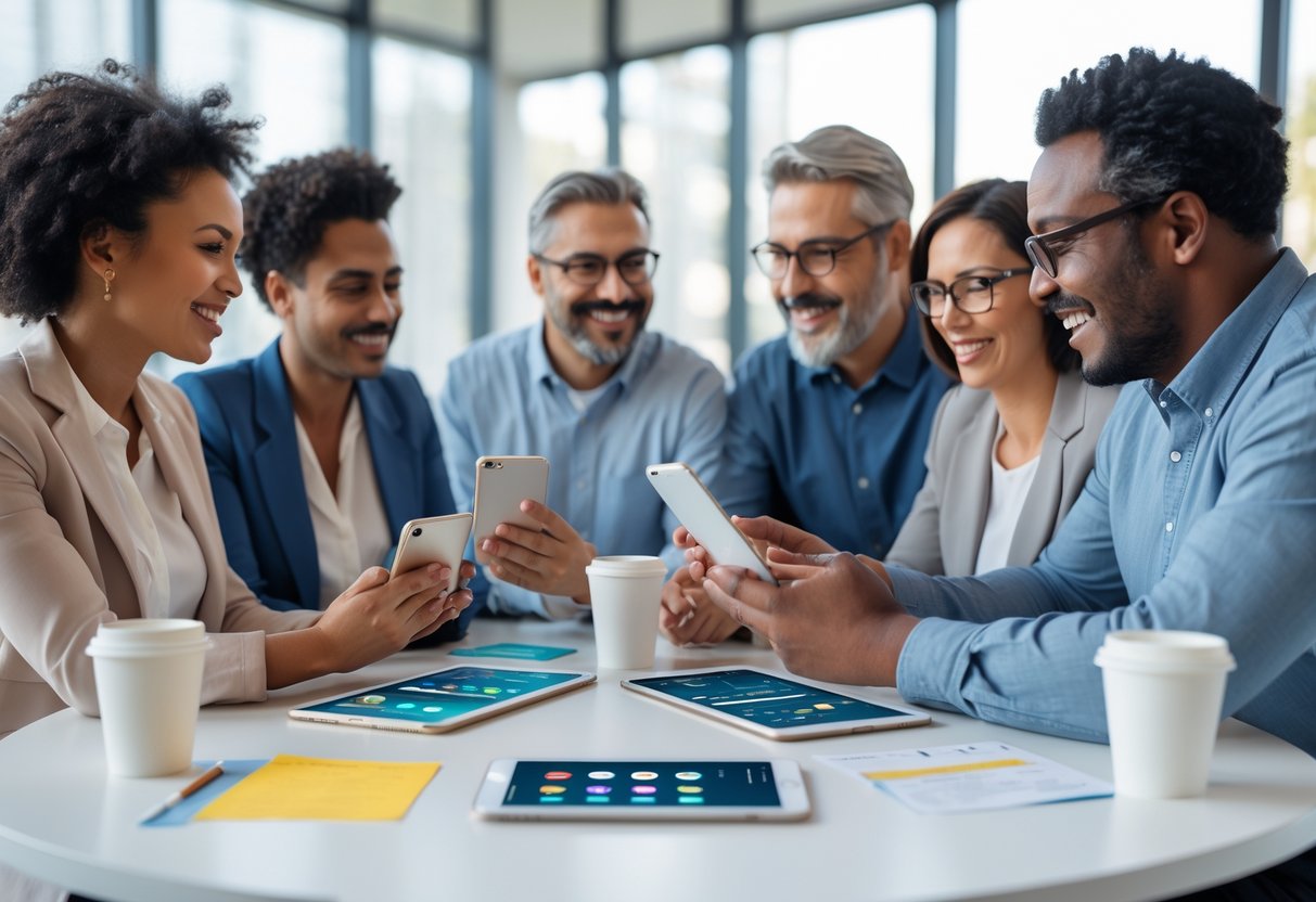 A group of parents sitting around a table, using smartphones and tablets while discussing and sharing ideas.