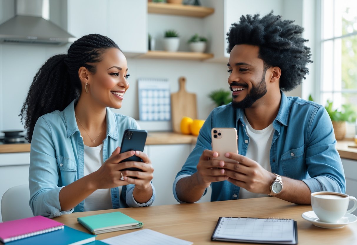 Two co-parents sitting at a kitchen table, smiling and using smartphones while having a friendly conversation.