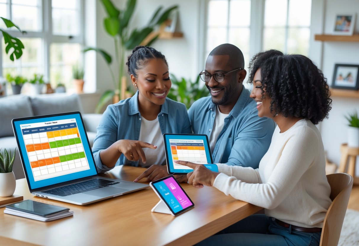 Two adults sitting at a desk looking at digital calendars and apps on a laptop and tablet, smiling and working together in a bright home office.