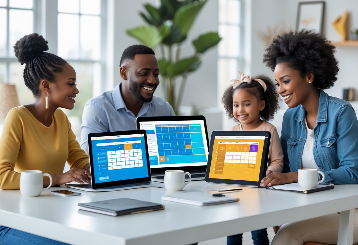 Two adults with children sitting at a table using laptops and tablets to organize co-parenting schedules together.