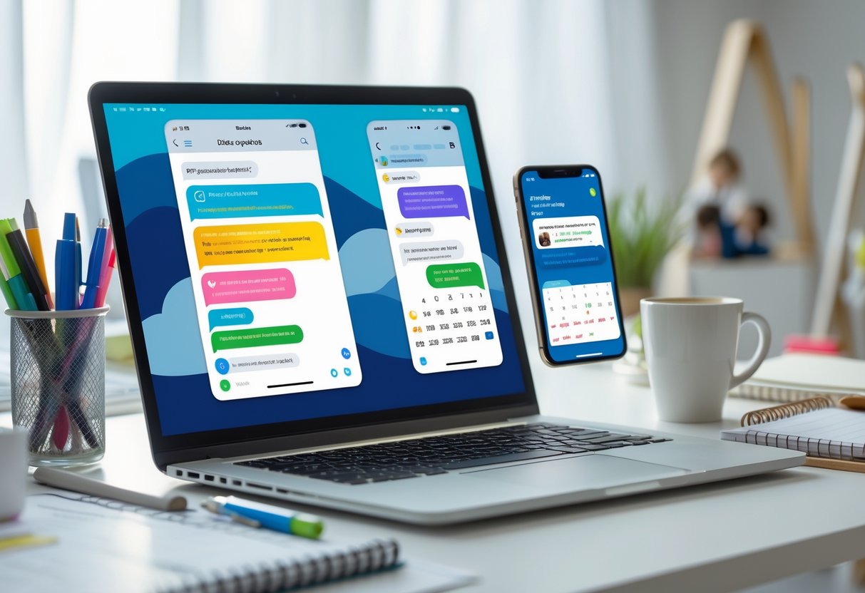 A workspace with a laptop and smartphone showing messaging and calendar apps, surrounded by notebooks and a coffee cup.