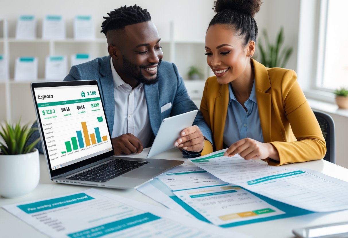 Two adults reviewing financial charts and a shared calendar on a laptop and smartphone at a bright, organized desk.