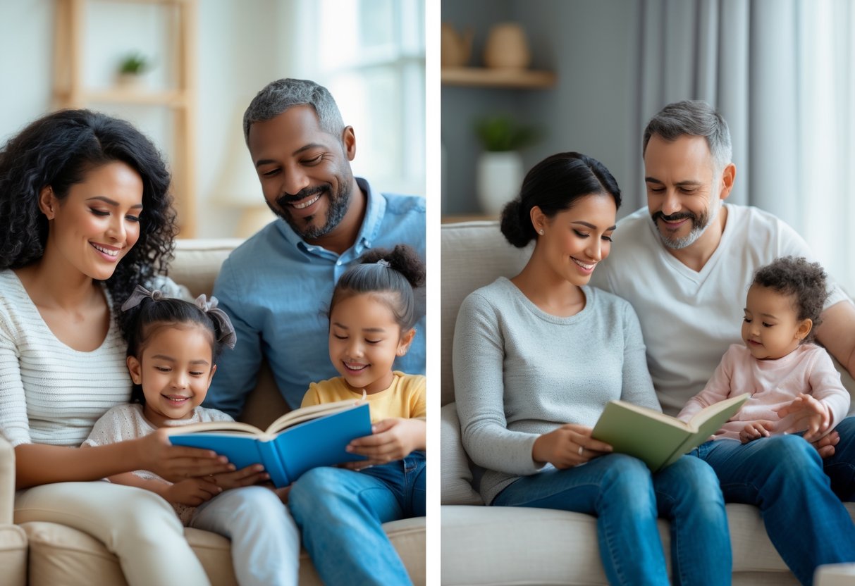 Two scenes side by side showing a mother and father co-parenting happily with their child on one side, and the same parents interacting separately with the child in different rooms on the other side.