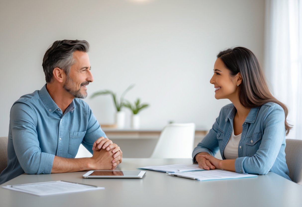 Two adults sitting at a table having a calm and friendly conversation, sharing documents and a tablet.