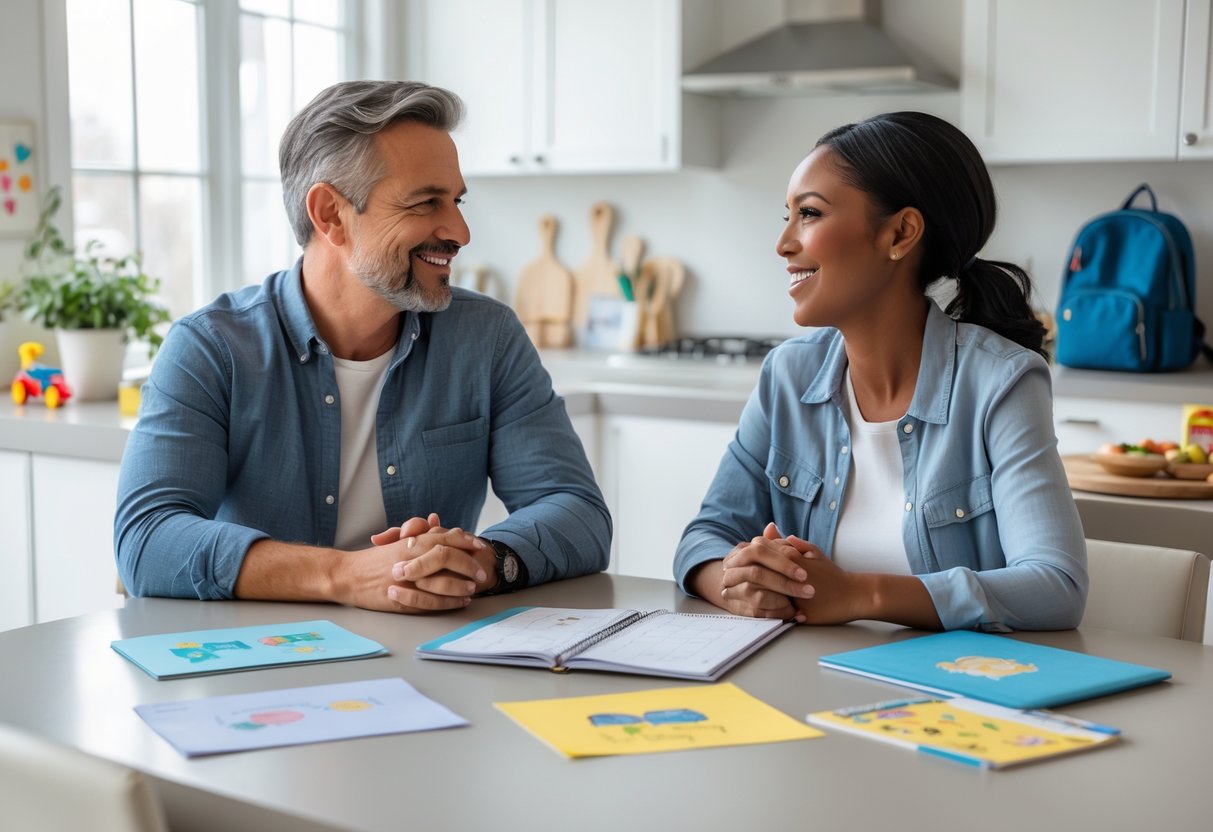 Two adults sitting at a kitchen table, smiling and discussing while surrounded by children's drawings and a calendar.