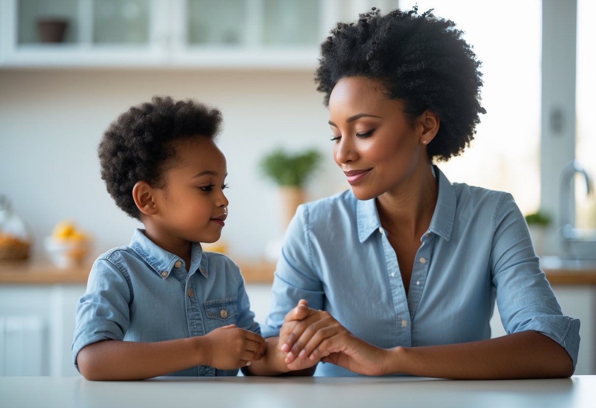 A single parent and child sitting together at a kitchen table, sharing a calm and supportive moment.