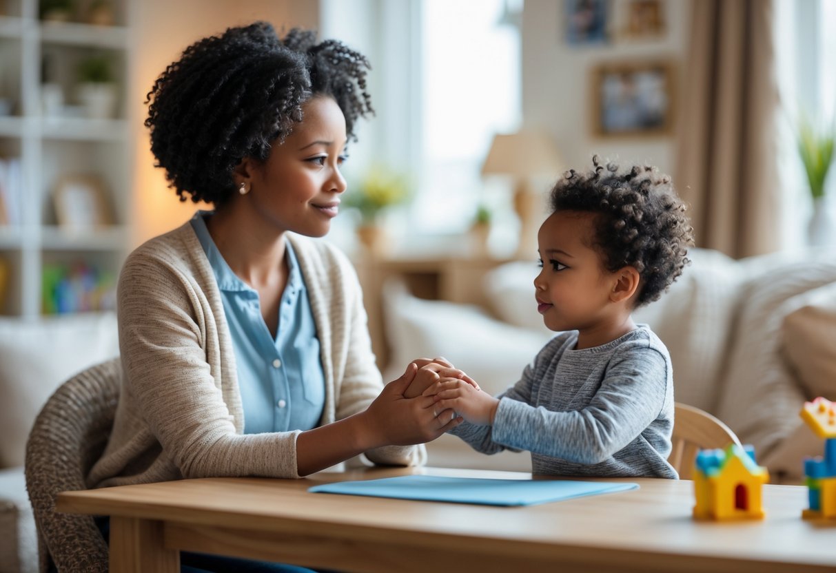 A parent gently holding the hand of a young child at a living room table, showing care and support.
