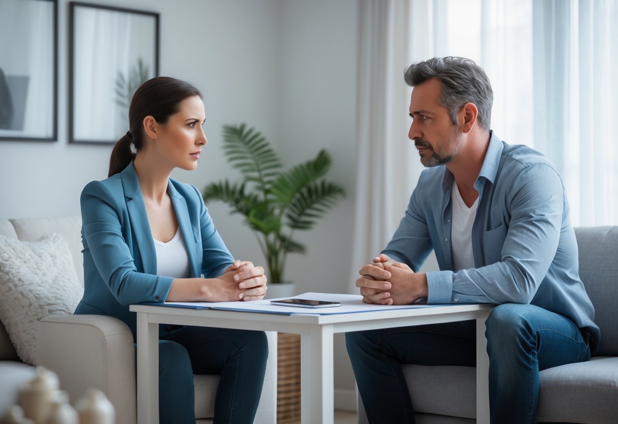 A man and a woman sitting across from each other at a table in a living room, both looking serious and emotionally distant during a discussion.