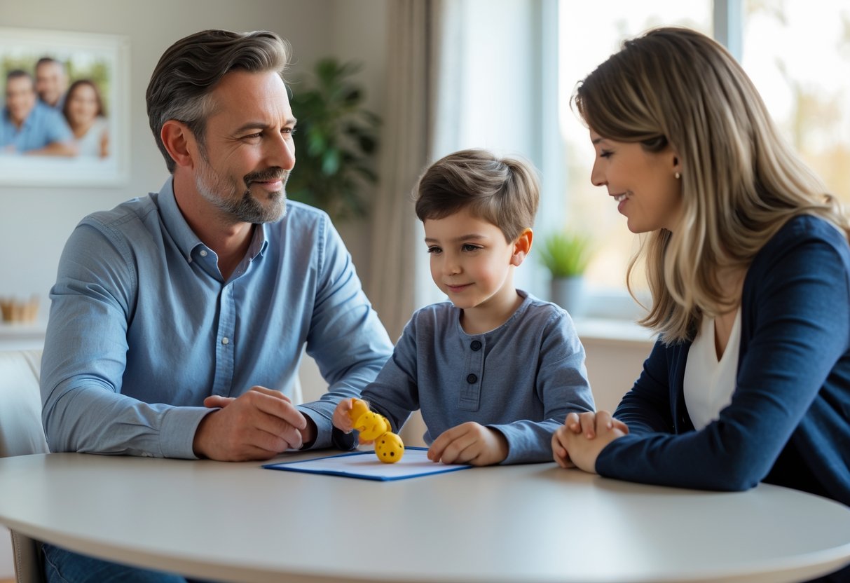 Two adults sitting at a table with a child between them, having a calm and respectful conversation in a cozy room.
