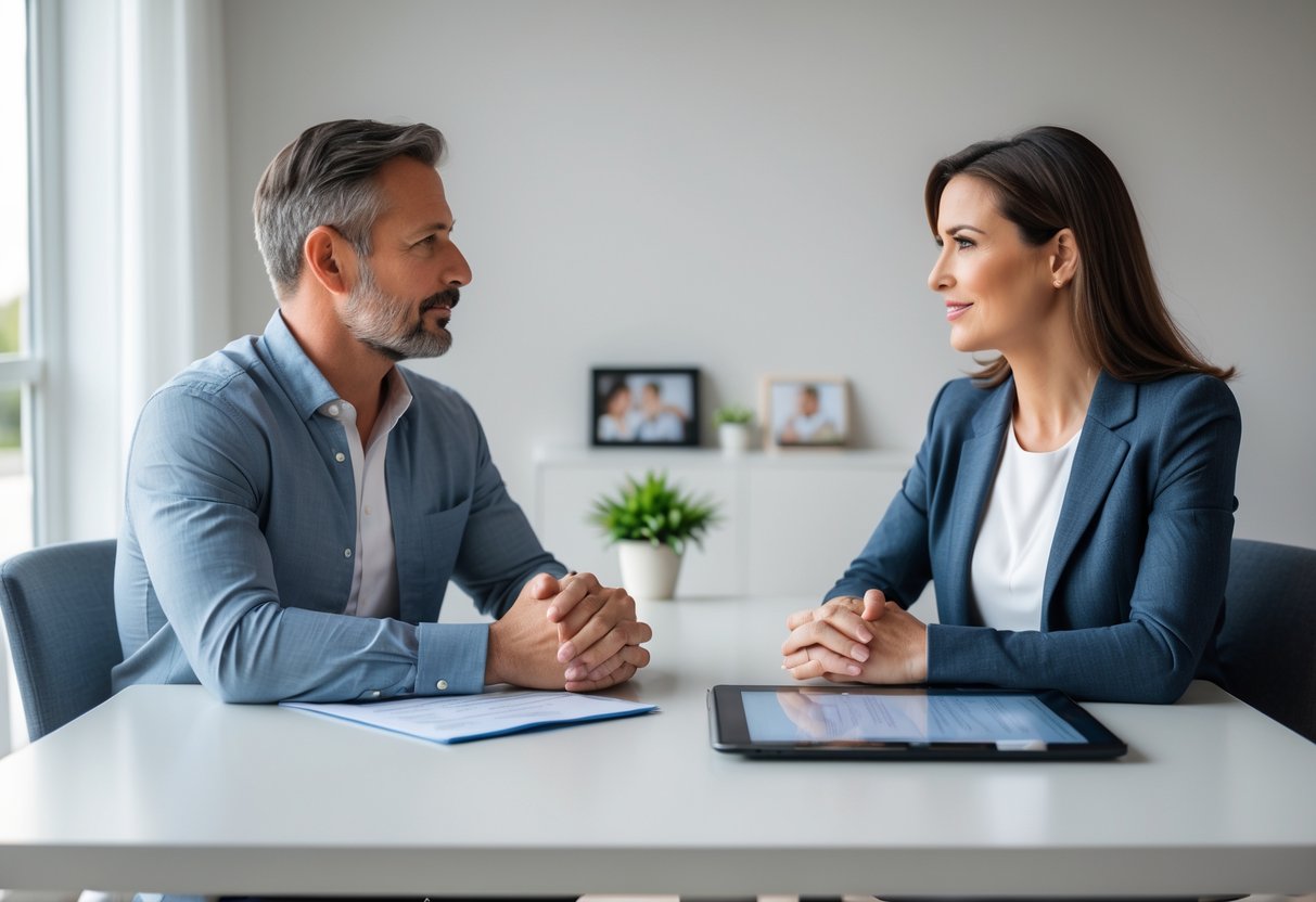 A man and woman sitting at a table calmly discussing documents in a bright room.