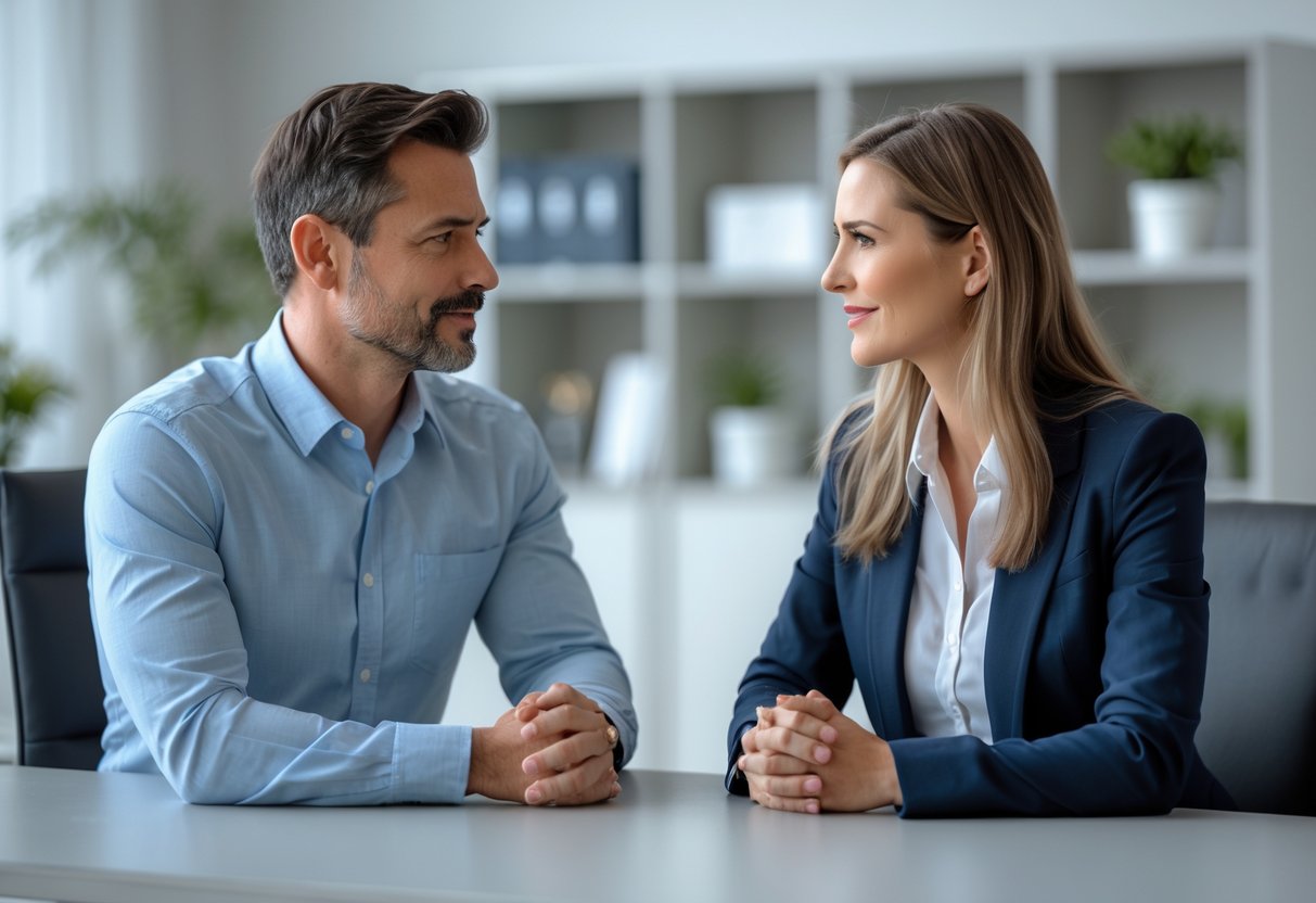 A man and a woman sitting across from each other at a table, calmly discussing and cooperating in a professional office setting.
