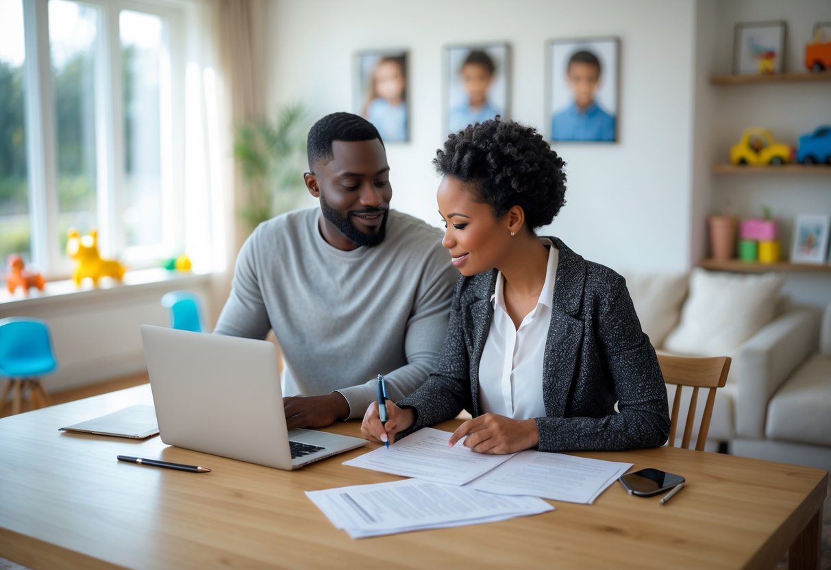 A couple sitting at a table reviewing documents together in a bright living room with children's items in the background.