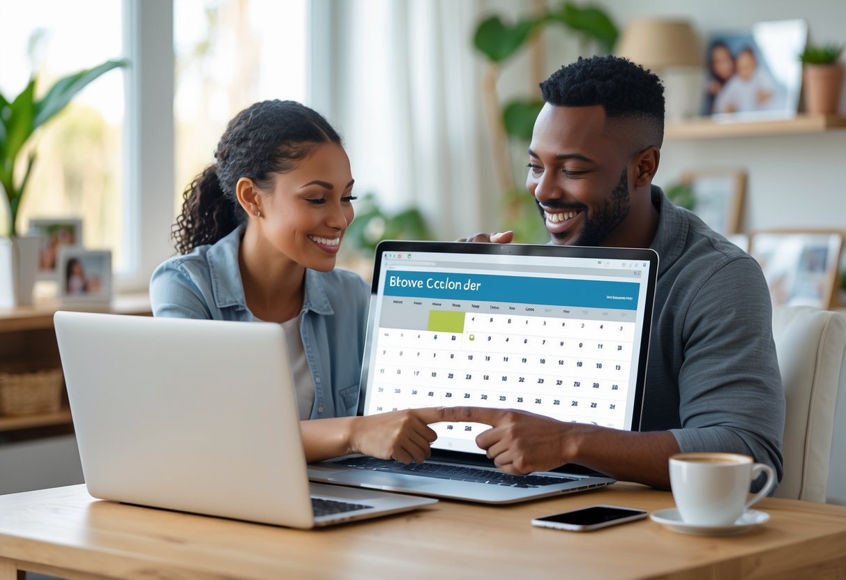 Two co-parents sitting at a desk looking at a laptop together, discussing a shared calendar in a bright home setting.