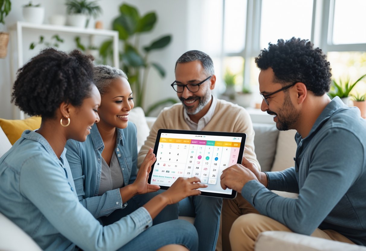 Two adults sitting together using a tablet to view a shared calendar in a bright room.