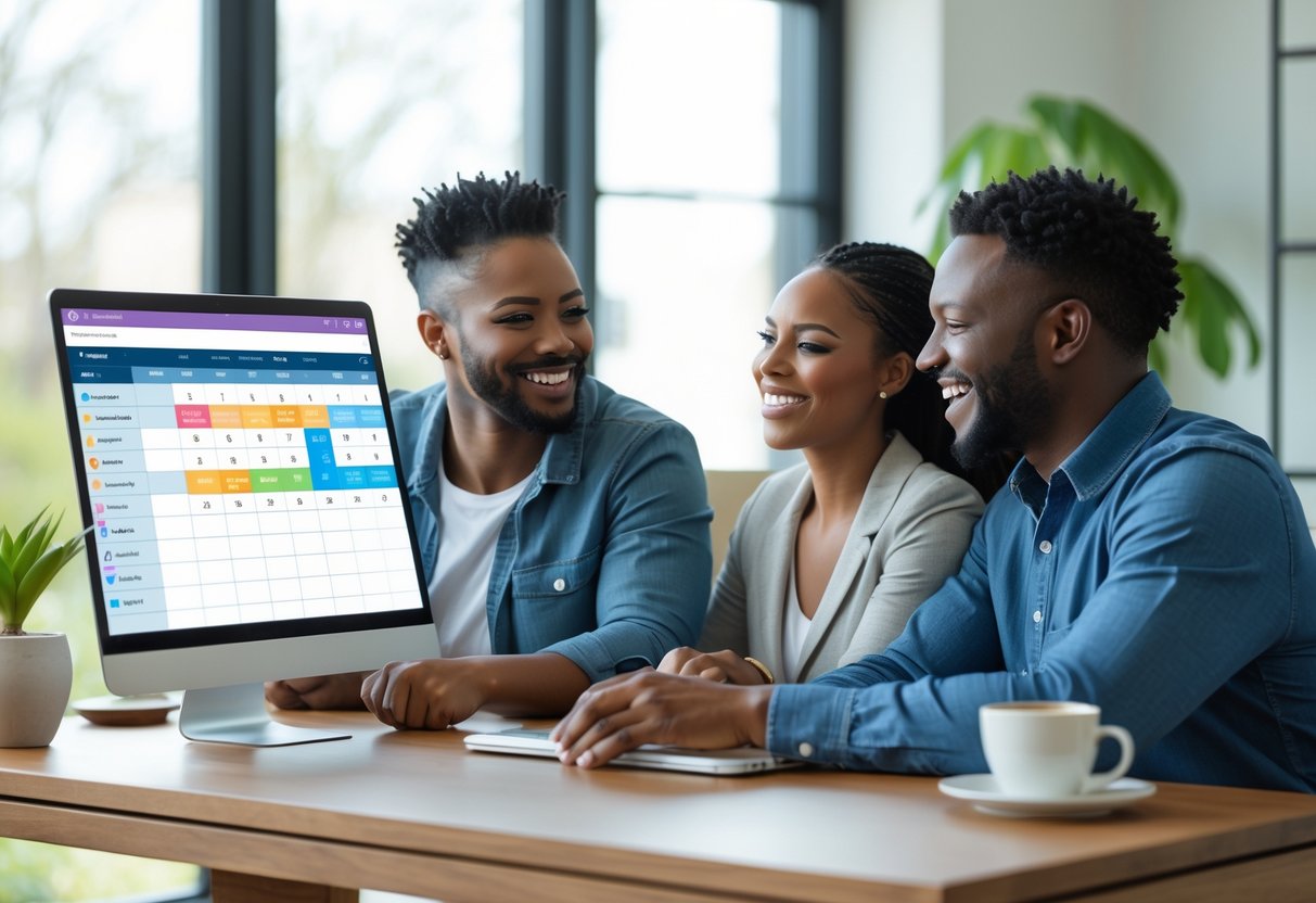 A co-parent couple sitting together at a desk looking at a laptop displaying a shared digital calendar.