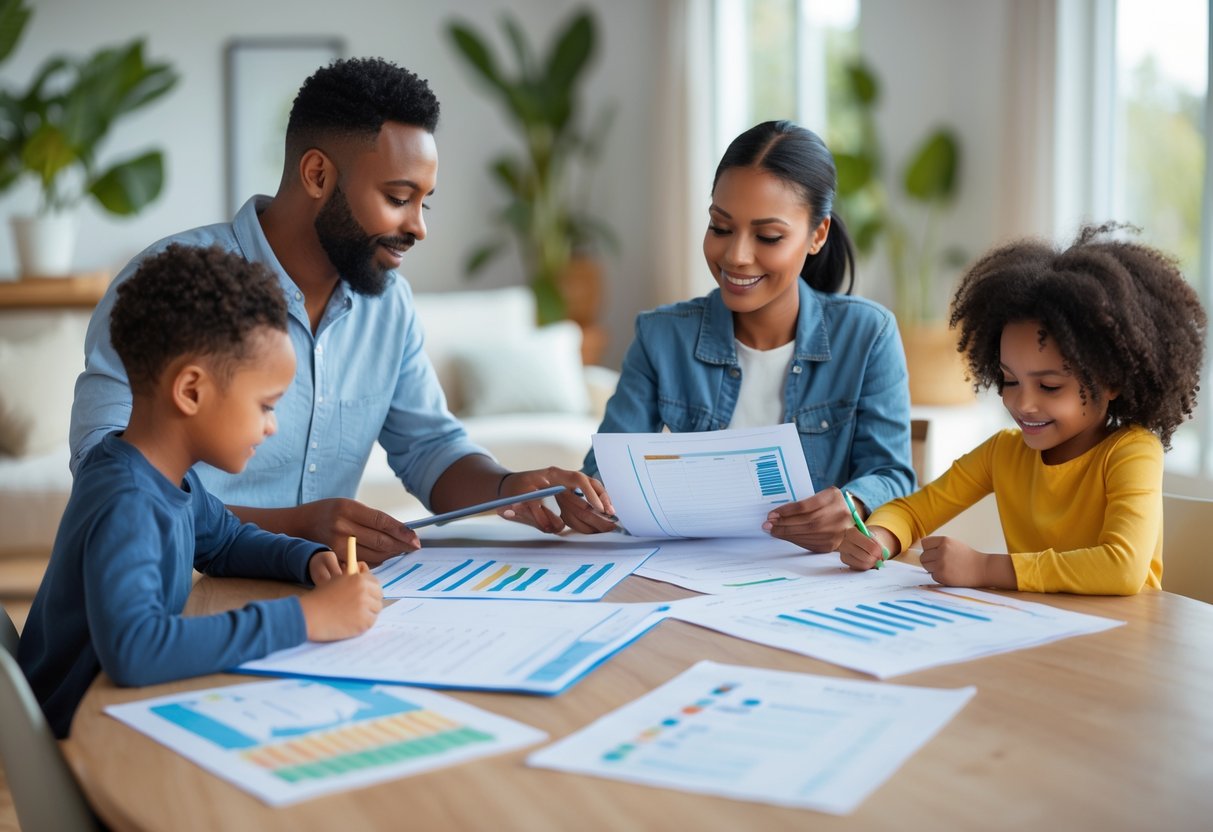 A family of four sitting together at a table, parents reviewing papers while children play nearby in a bright living room.