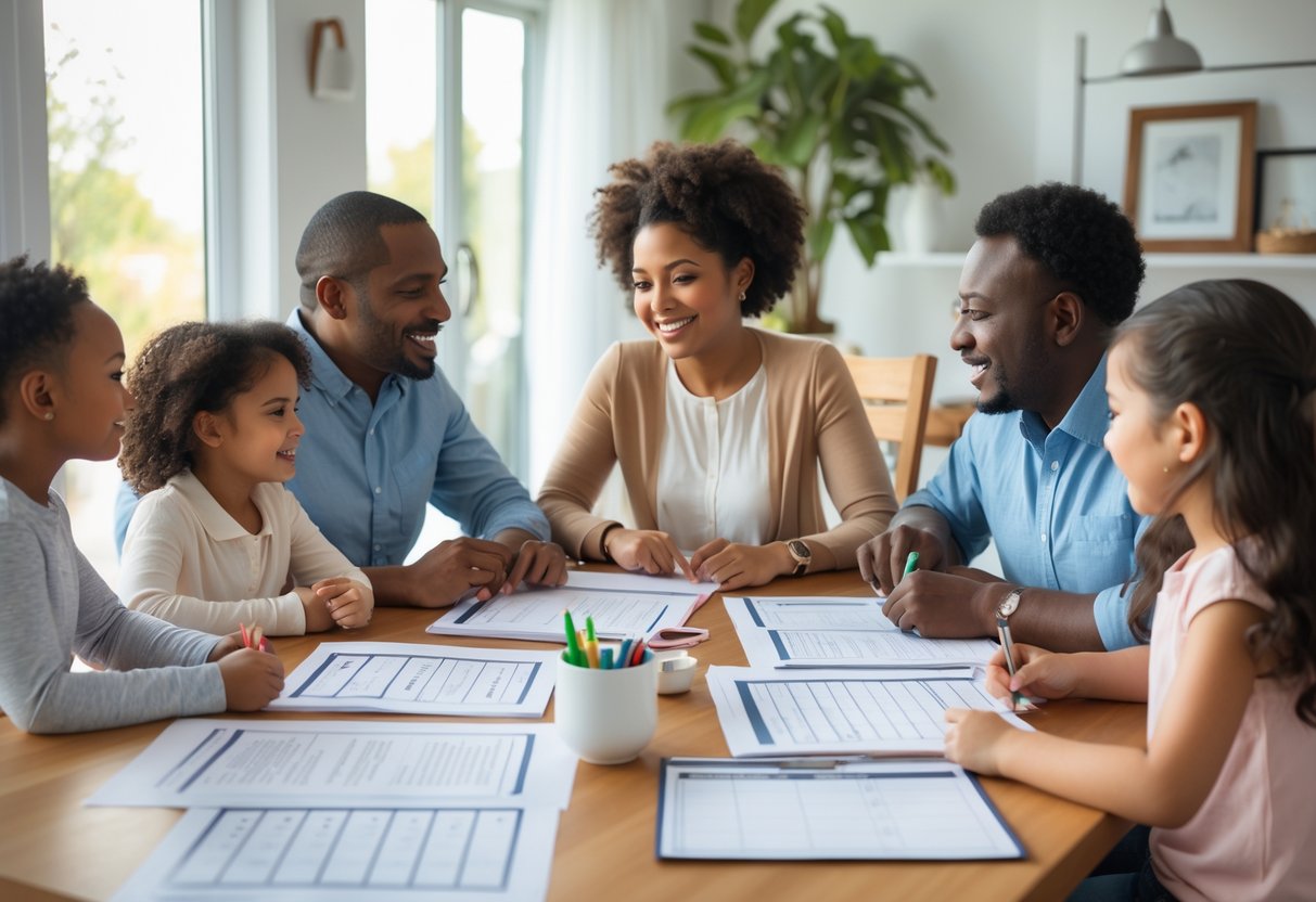 A family sitting around a table discussing documents and calendars in a bright room, working together.