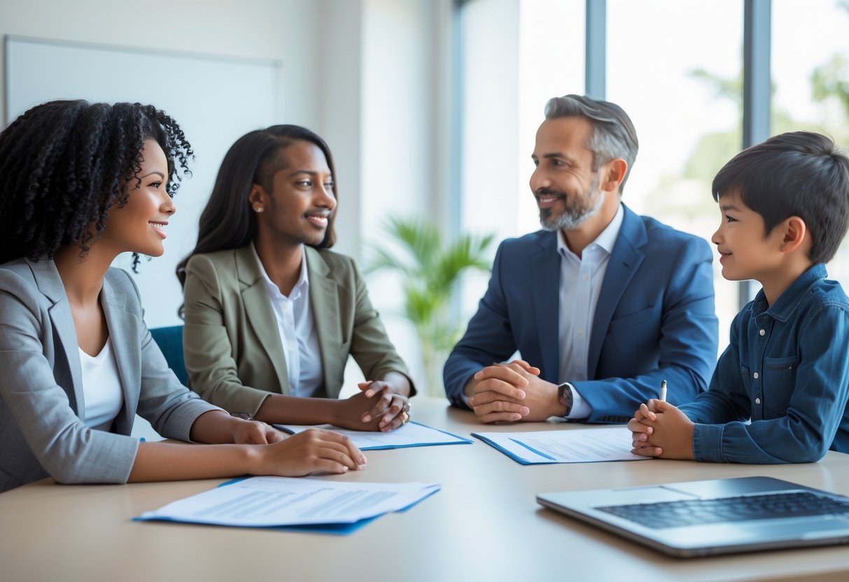 A family and a mediator sitting around a table in an office, discussing and working together.