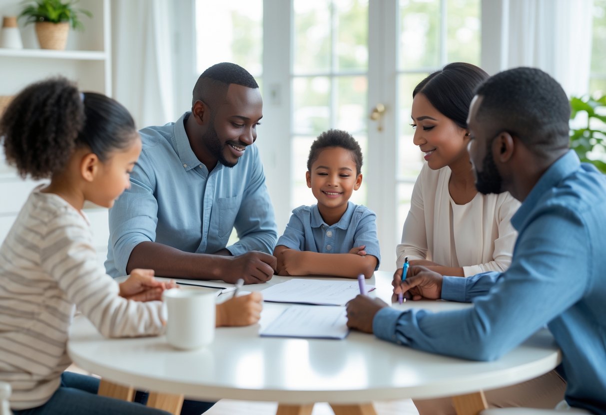 A family with a child sitting together at a table, having a calm and positive discussion in a bright living room.