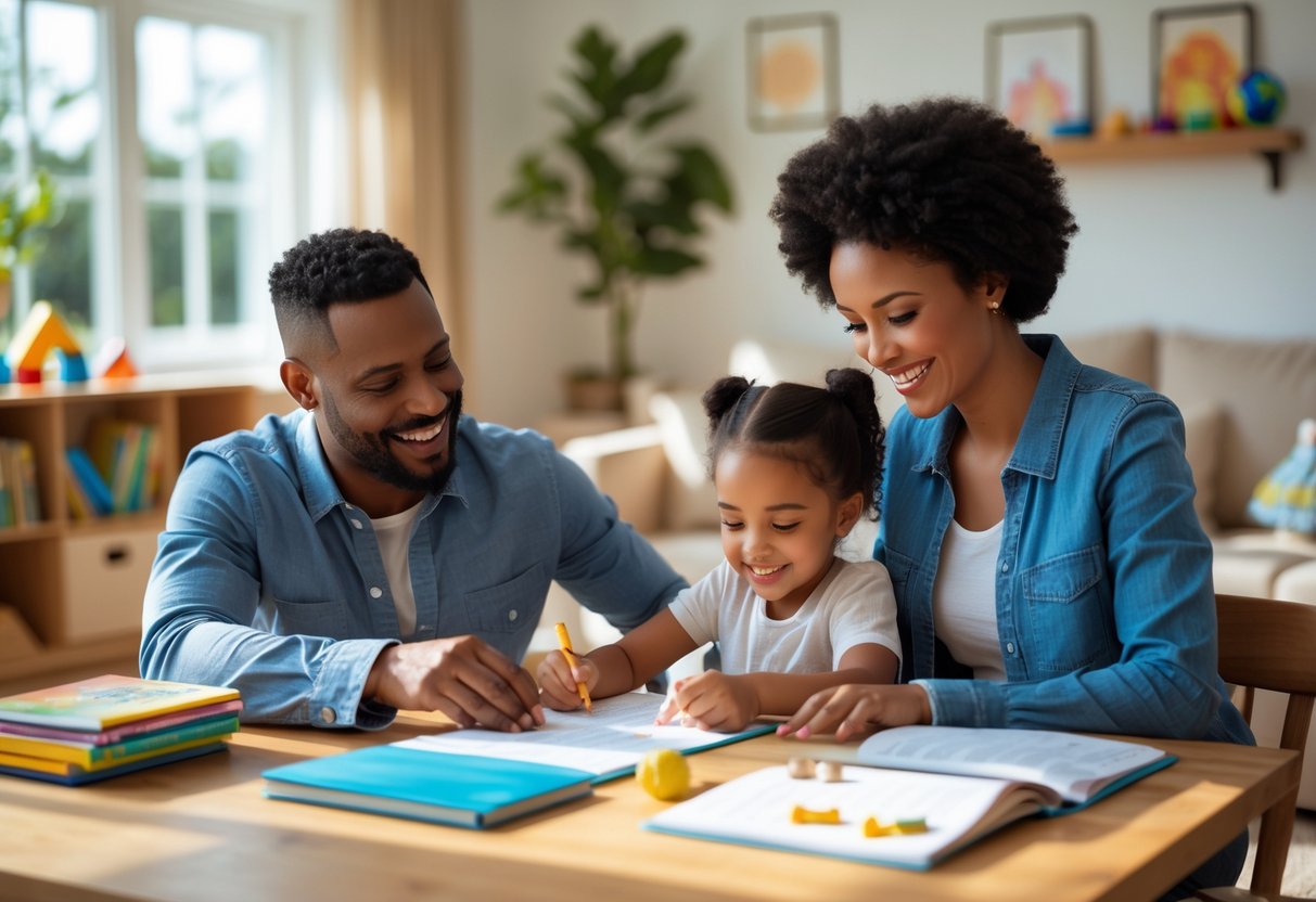 Two parents and their child working together at a table in a bright living room, creating a stable and supportive family environment.