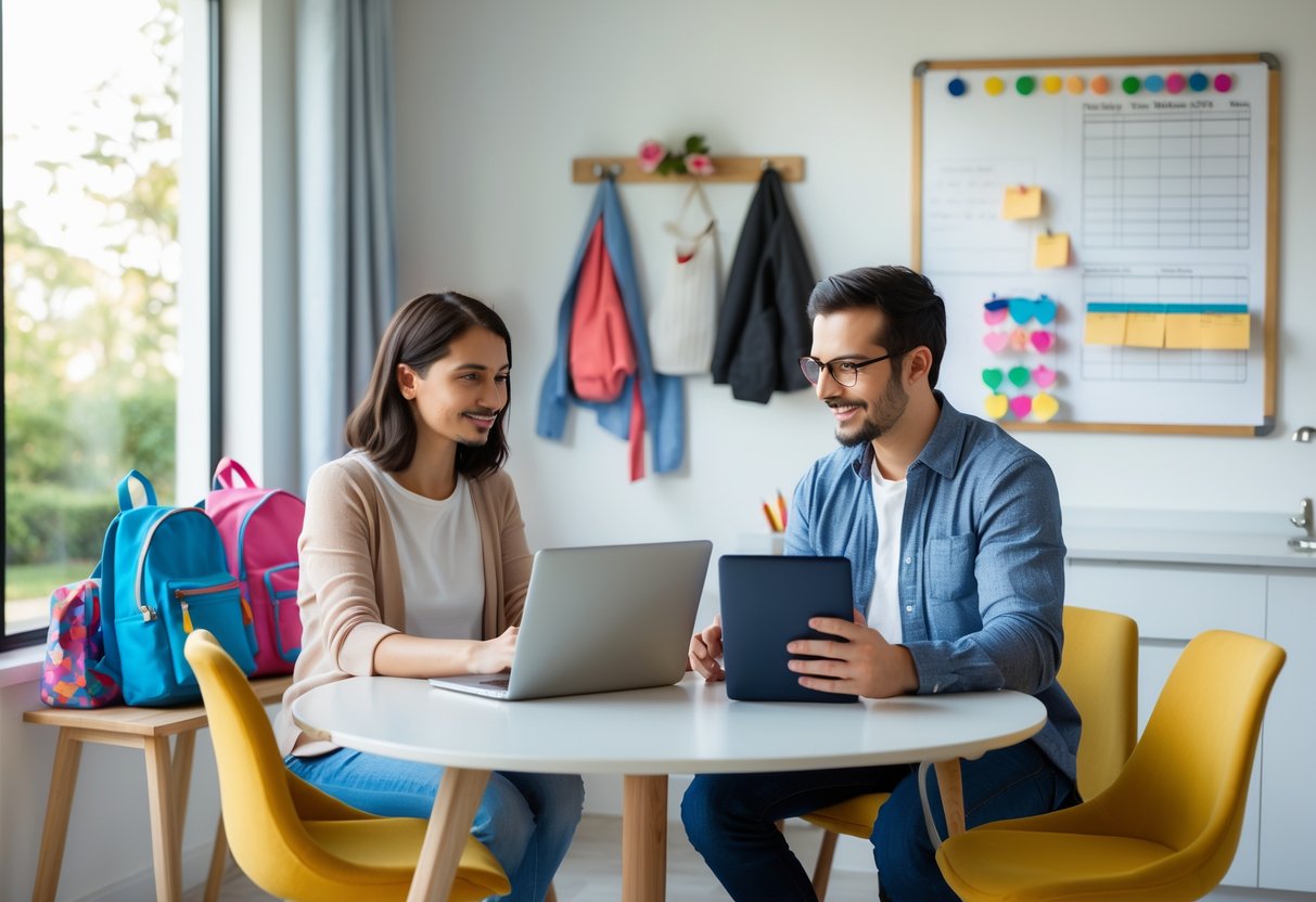 Two parents sitting at a kitchen table using a laptop and tablet to coordinate family schedules in a bright, organized home.