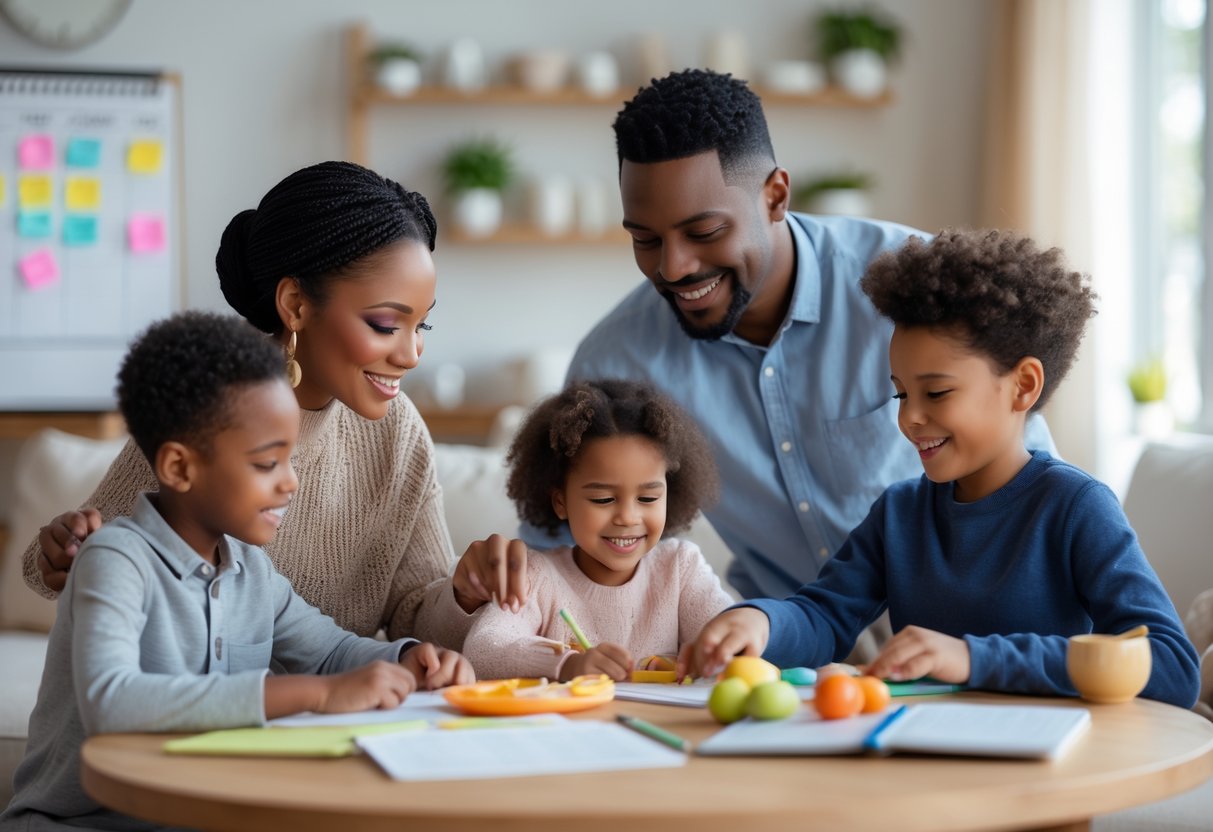 Two parents and their children cooperating in a bright living room, engaging in a shared activity that shows family harmony and stability.