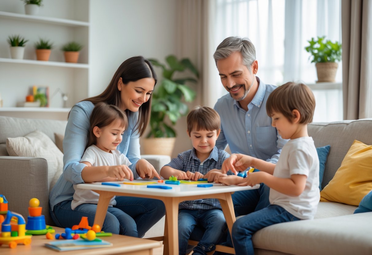Two adults and two children sitting together at a table in a bright living room, engaged in a calm and cooperative activity.