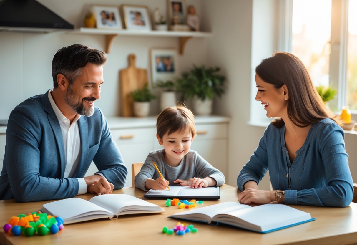 Two adults and a child sitting together at a kitchen table, calmly interacting and playing in a bright home setting.