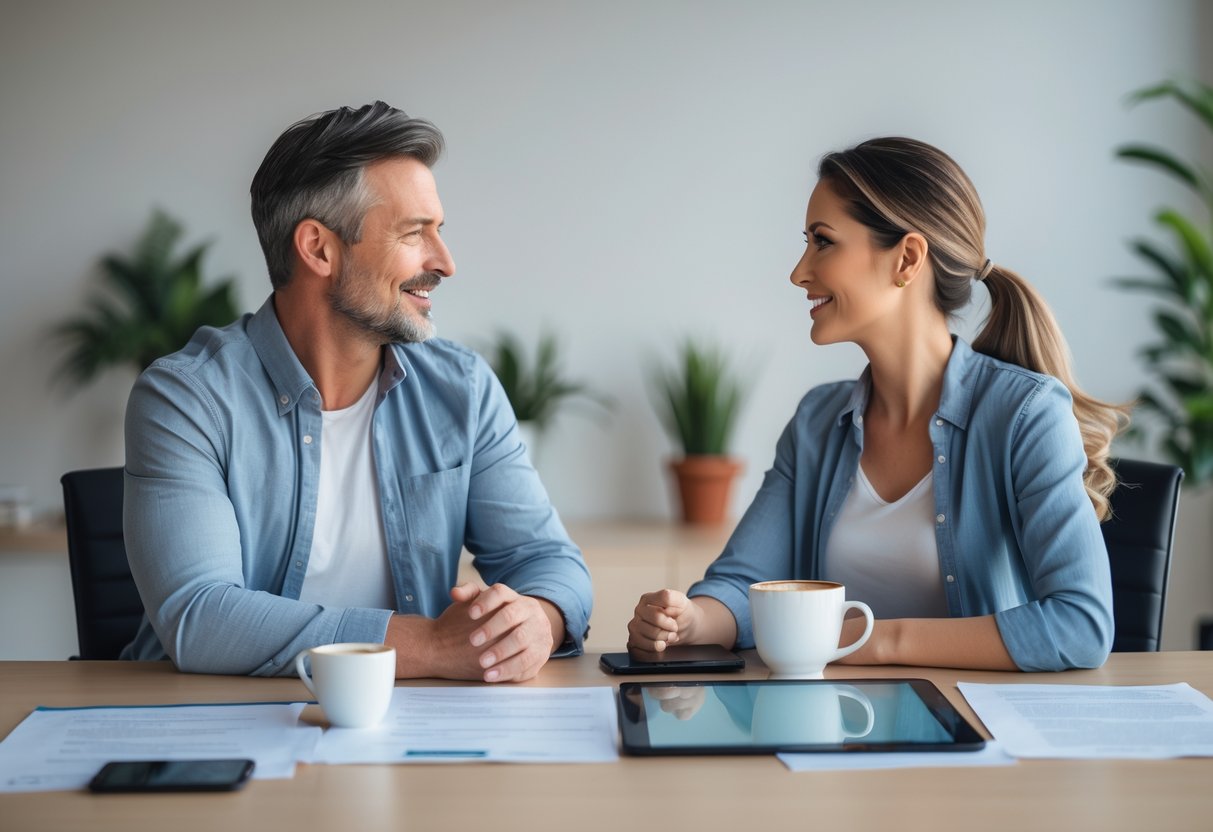 Two adults sitting at a table in an office, having a calm and respectful conversation while reviewing documents.