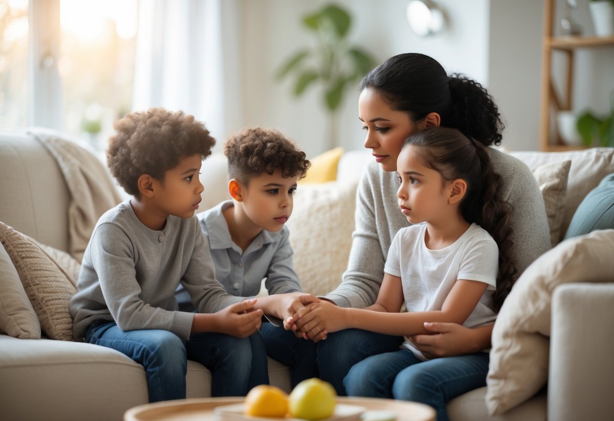 A parent sitting with two children in a living room, holding their hands and talking calmly.