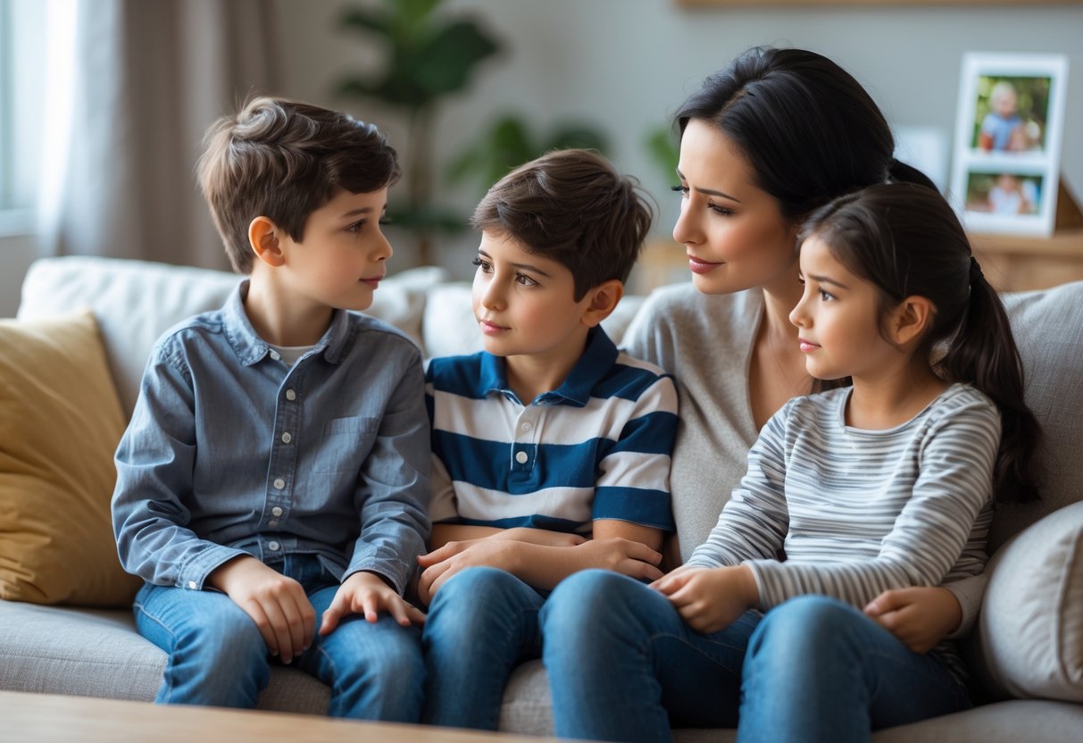 A parent calmly talks to two children sitting on a living room sofa, creating a supportive and caring atmosphere.