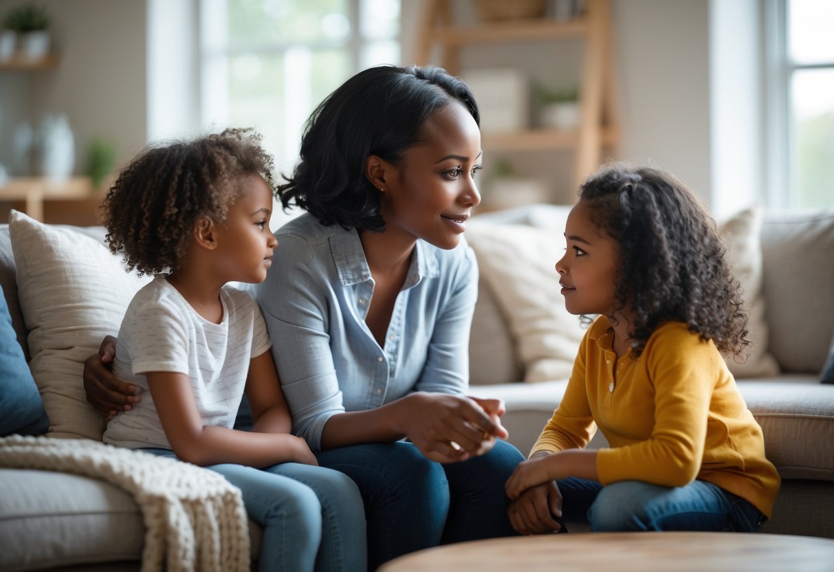 An adult talking compassionately with two children in a cozy living room.