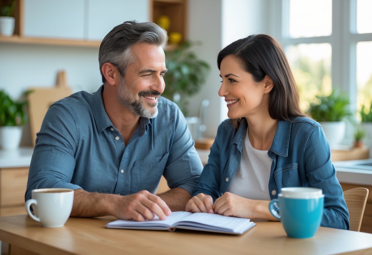 Two adults sitting at a kitchen table, calmly discussing and smiling while looking at a notebook.