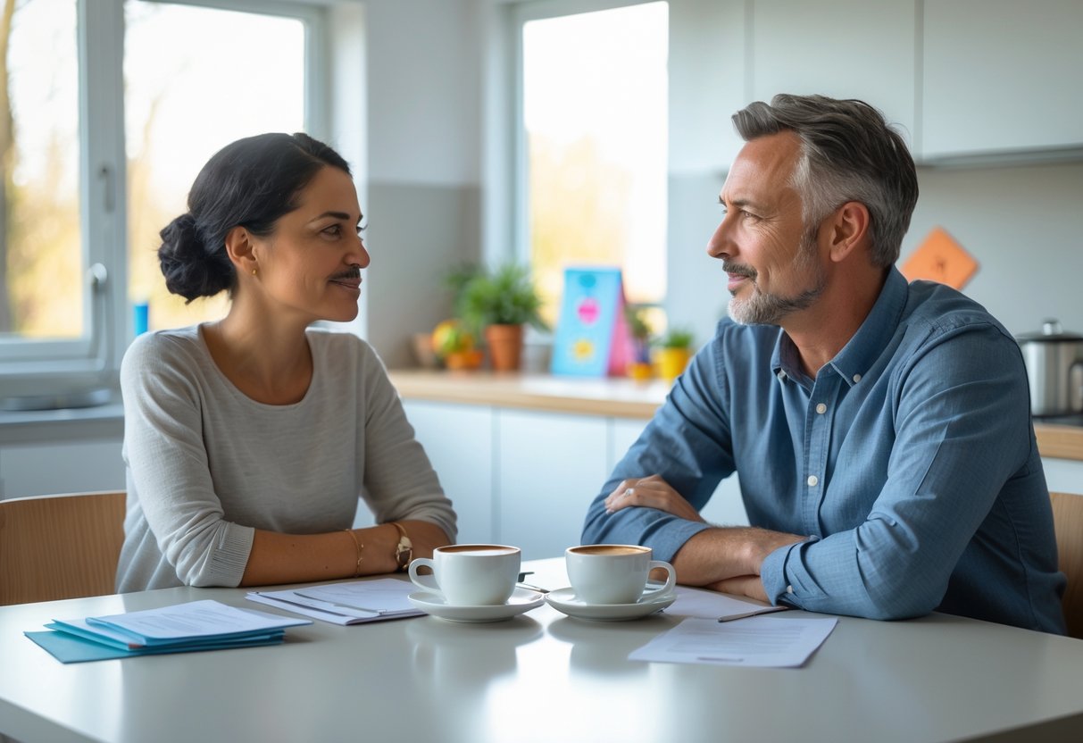 Two co-parents sitting at a kitchen table having a calm and respectful conversation in a bright home.