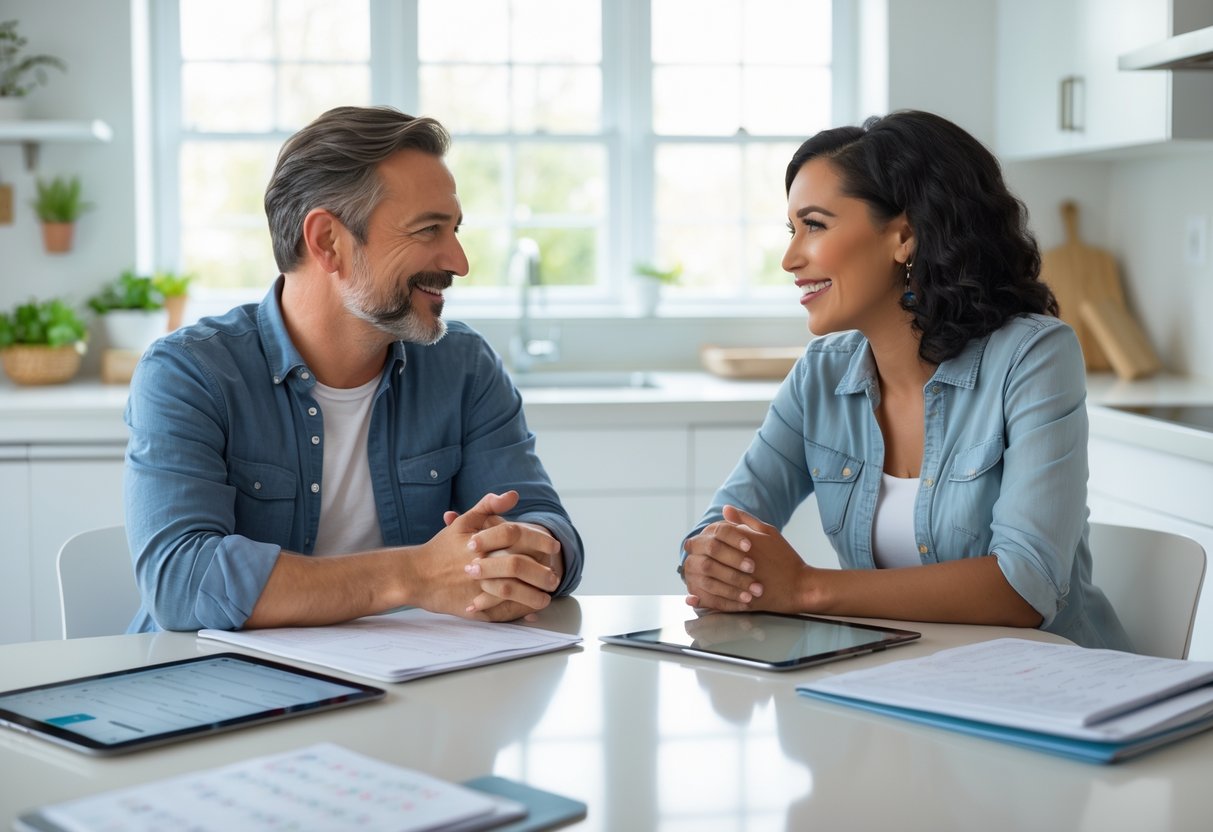 Two adults sitting at a kitchen table, calmly discussing and sharing documents in a bright home setting.