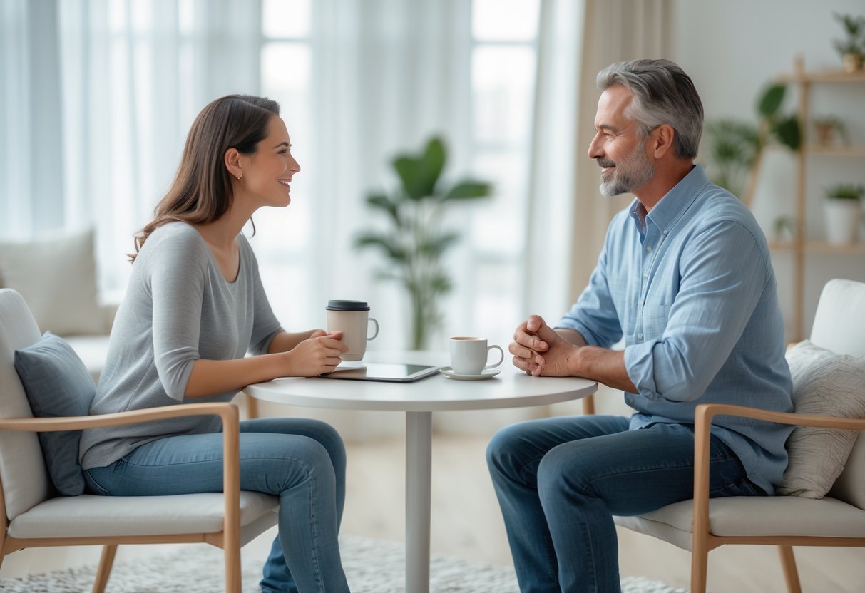 Two adults sitting at a table in a bright room, having a calm and respectful conversation.