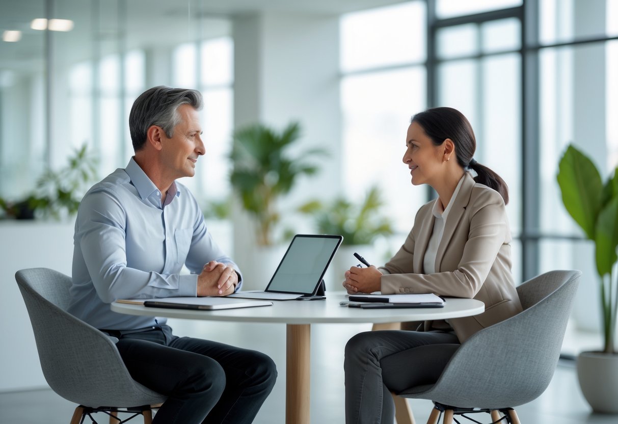 Two adults sitting across from each other at a table in a bright office, having a calm and respectful conversation.