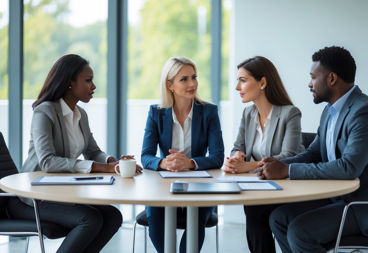 Three adults sitting around a table in a bright meeting room, discussing documents and working together.