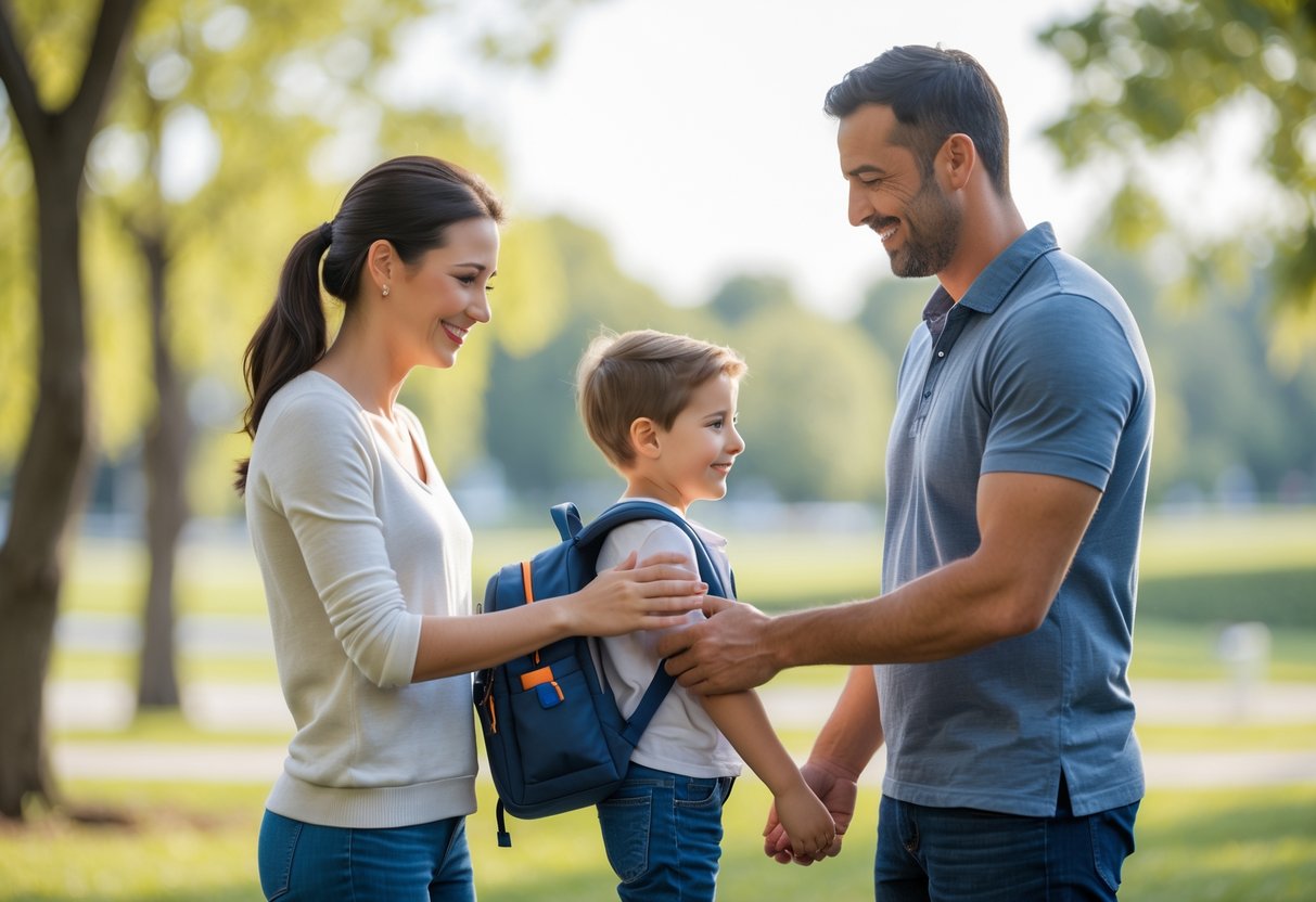 A mother and father calmly exchanging a young child outdoors in a park, both smiling gently while the child holds a backpack.