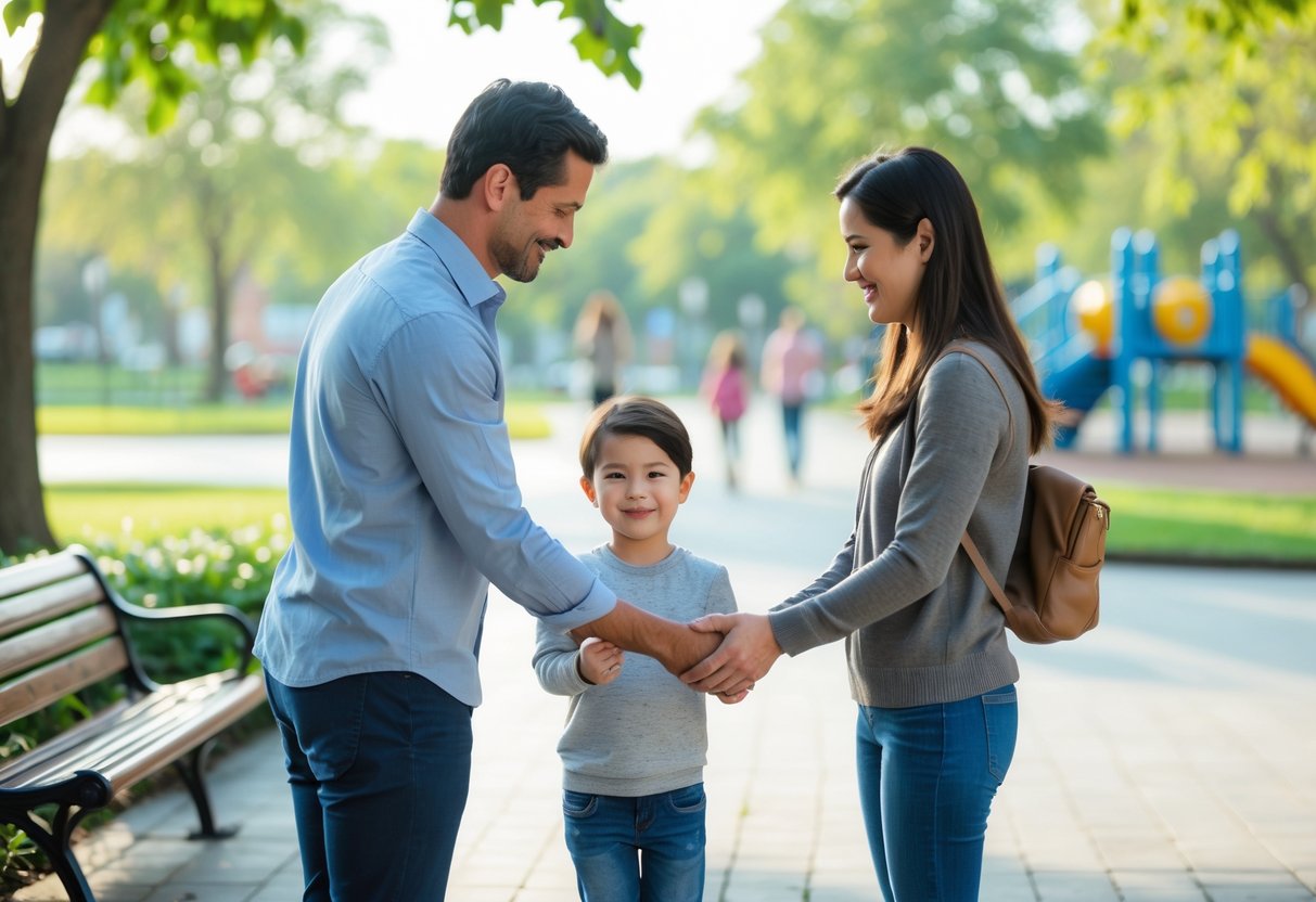 Two adults exchanging a smiling child in a bright, clean park with benches and a playground in the background.