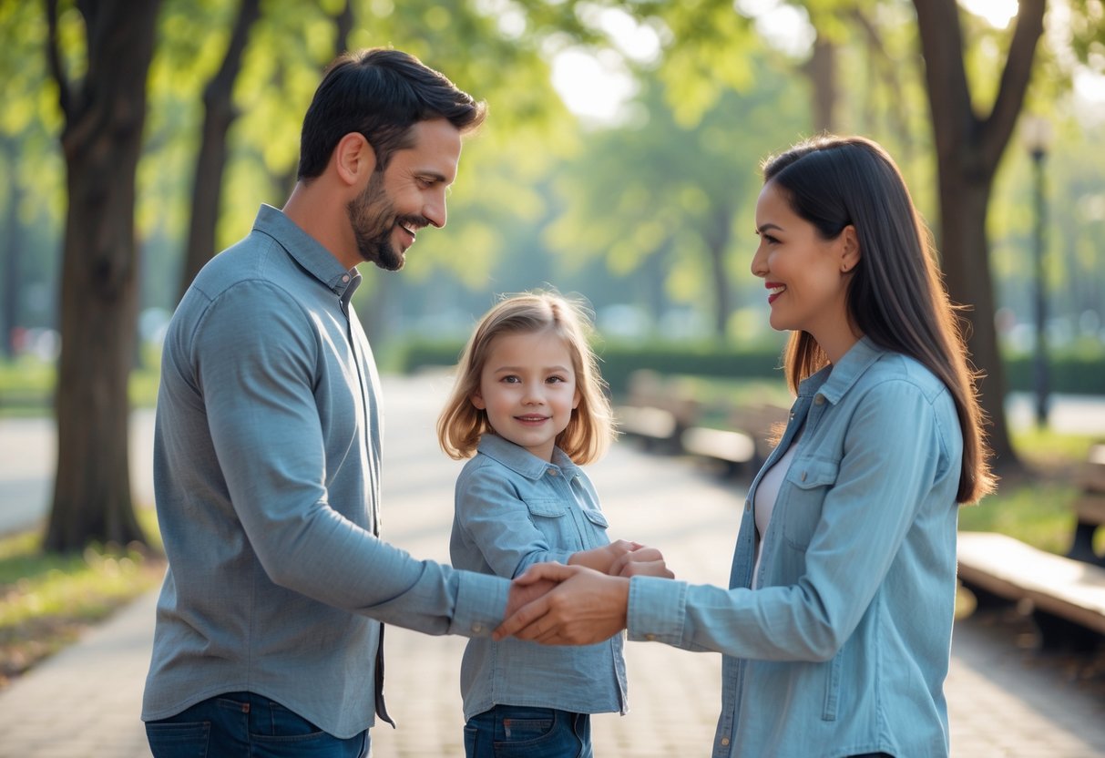 A mother and father calmly exchanging a young child outdoors in a park.